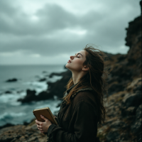 A young woman stands on a rocky shore, gazing upwards with a serene expression, holding a book, embodying the essence of hope amidst a dramatic, cloudy backdrop.