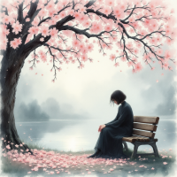 A figure in a dark kimono sits on a bench under a cherry blossom tree, surrounded by fallen petals, evoking the poignant beauty of life's cycle and inevitable endings.