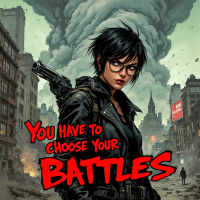 A determined woman with glasses and a gun stands in a cityscape under a stormy sky, accompanied by the bold text, You have to choose your battles wisely.