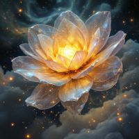 A glowing, translucent lotus flower floats amidst a starry, cosmic background, symbolizing the beauty of individual truths within the universe.