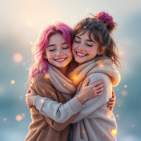 Two girls with pink and brown hair hug each other warmly, smiling joyfully against a soft, dreamy background, embodying the heartfelt sentiment of missing and cherishing friends.