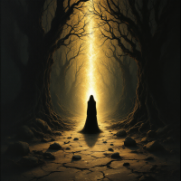 A figure in dark robes stands in a shadowy forest, bathed in a radiant beam of light that pierces through the surrounding trees, symbolizing hope through darkness.