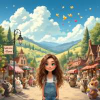 A joyful young girl stands in a charming town, surrounded by cheerful animals and vibrant shops, embodying the quote about love between her and her town. Bright clouds and mountains create a serene backdrop.