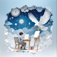 A young artist sits at a desk, focused on drawing an easel, surrounded by whimsical clouds, clocks, and a soaring eagle, symbolizing dedication and the journey toward greatness.