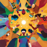 A diverse group of individuals, some bandaged and others adorned in vibrant colors, gather around a bright light, symbolizing unity and strength in their shared brokenness.