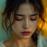 A close-up of a young woman with soft features, her eyes cast downward in thought, illuminated by warm light, conveying a sense of contemplation and emotional depth.