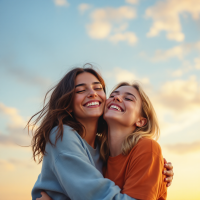 Two smiling women embrace each other against a vibrant sunset sky, radiating joy and warmth, embodying the contagious nature of positive emotions.