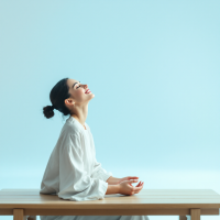 A woman in a white outfit sits on a wooden bench, smiling upwards against a light blue background, embodying the idea of conditioned smiles in a serene moment.