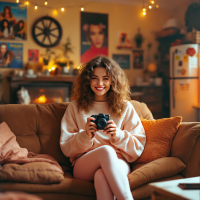 A smiling young woman with curly hair sits on a cozy couch, holding a camera. The warm, inviting room features soft lighting and nostalgic posters, capturing a moment of connection and support.