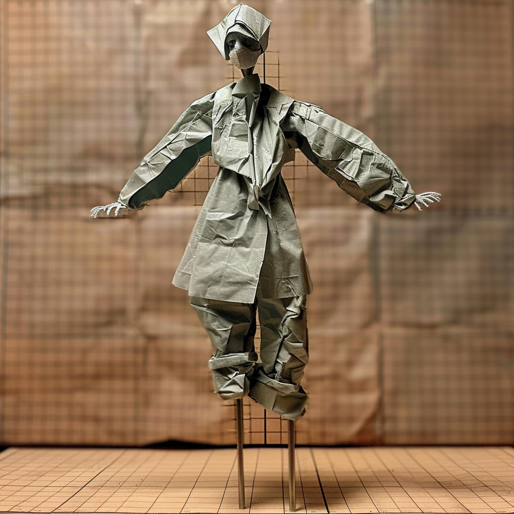 A ten-foot figure on stilts, dressed in a surgical cap, mask, and gown, poses in an indoor setting with a grid-patterned background.