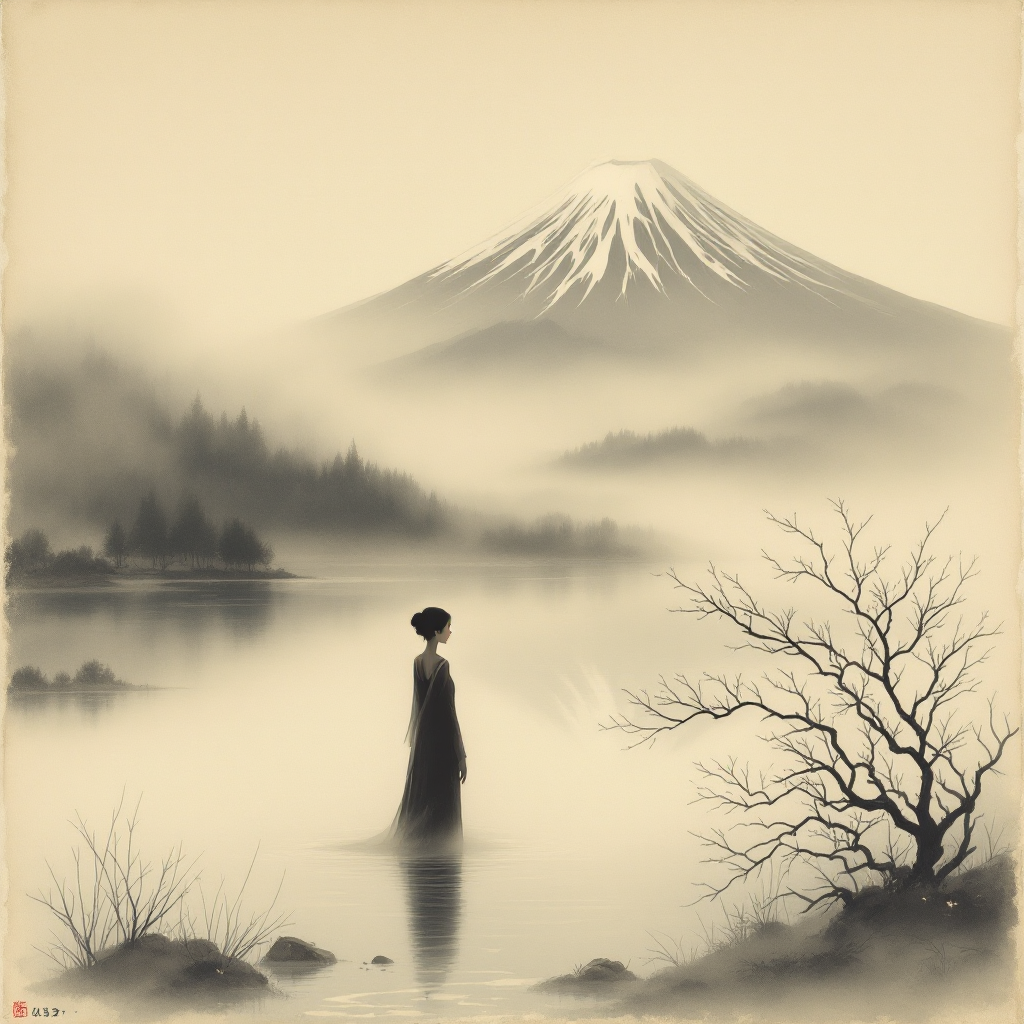 A serene scene depicts a figure standing in shallow water, gazing at a distant snow-capped mountain, shrouded in mist—reflecting the idea that perceptions shape our reality.