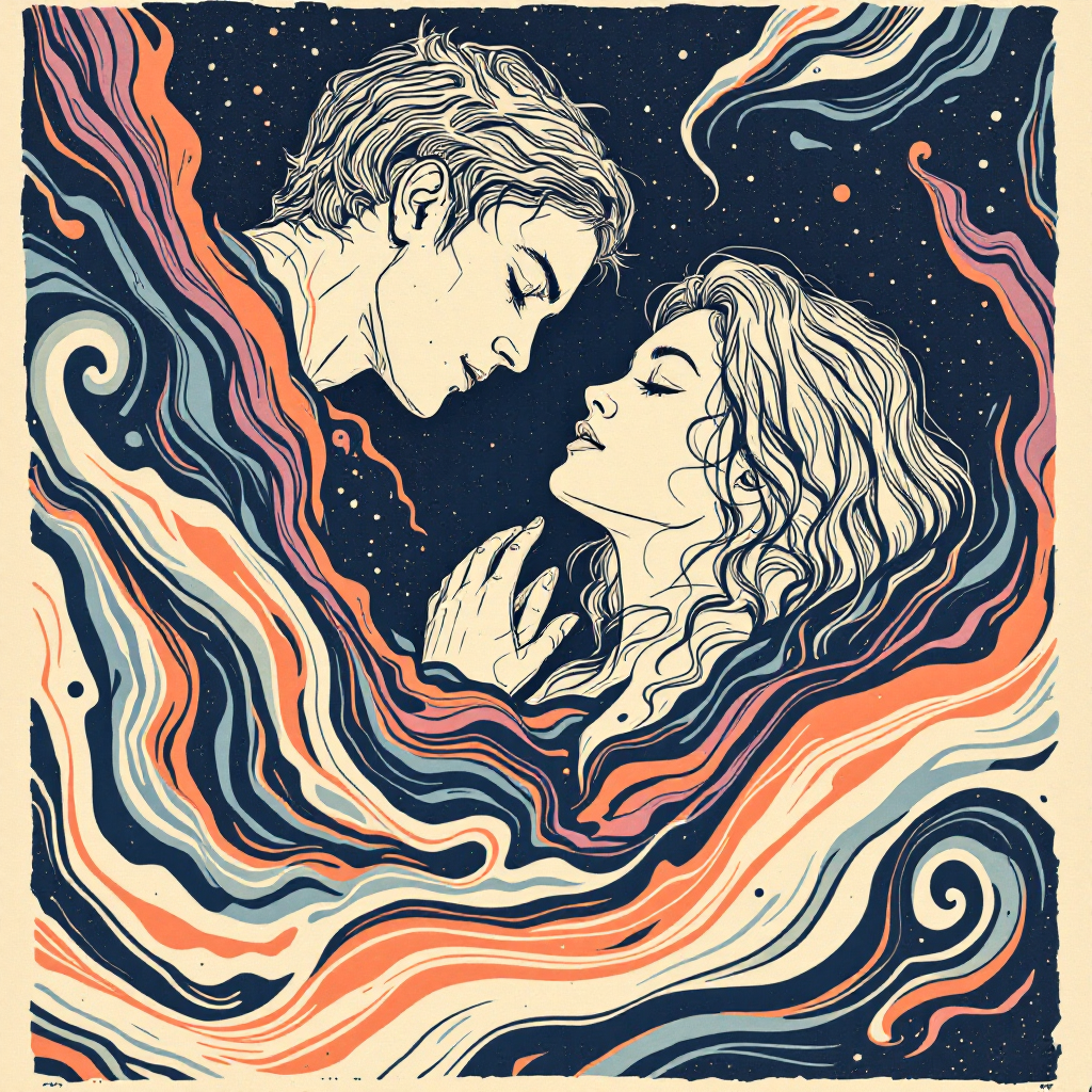 A close-up of a couple with eyes locked, surrounded by swirling, colorful waves that evoke the depths of love, capturing the essence of falling into love.