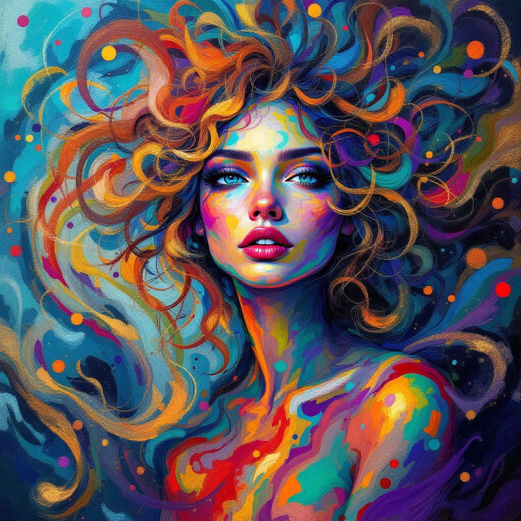 A vibrant, colorful portrait of a woman with wild, flowing hair, embodying the spirit of the quote about embracing the wild girl within us all.