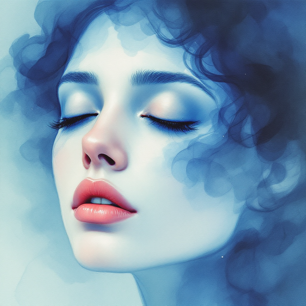 A serene portrait of a woman with closed eyes and soft features, enveloped in soft blue hues, reflecting the theme of memory and humanity from the quote about memories.