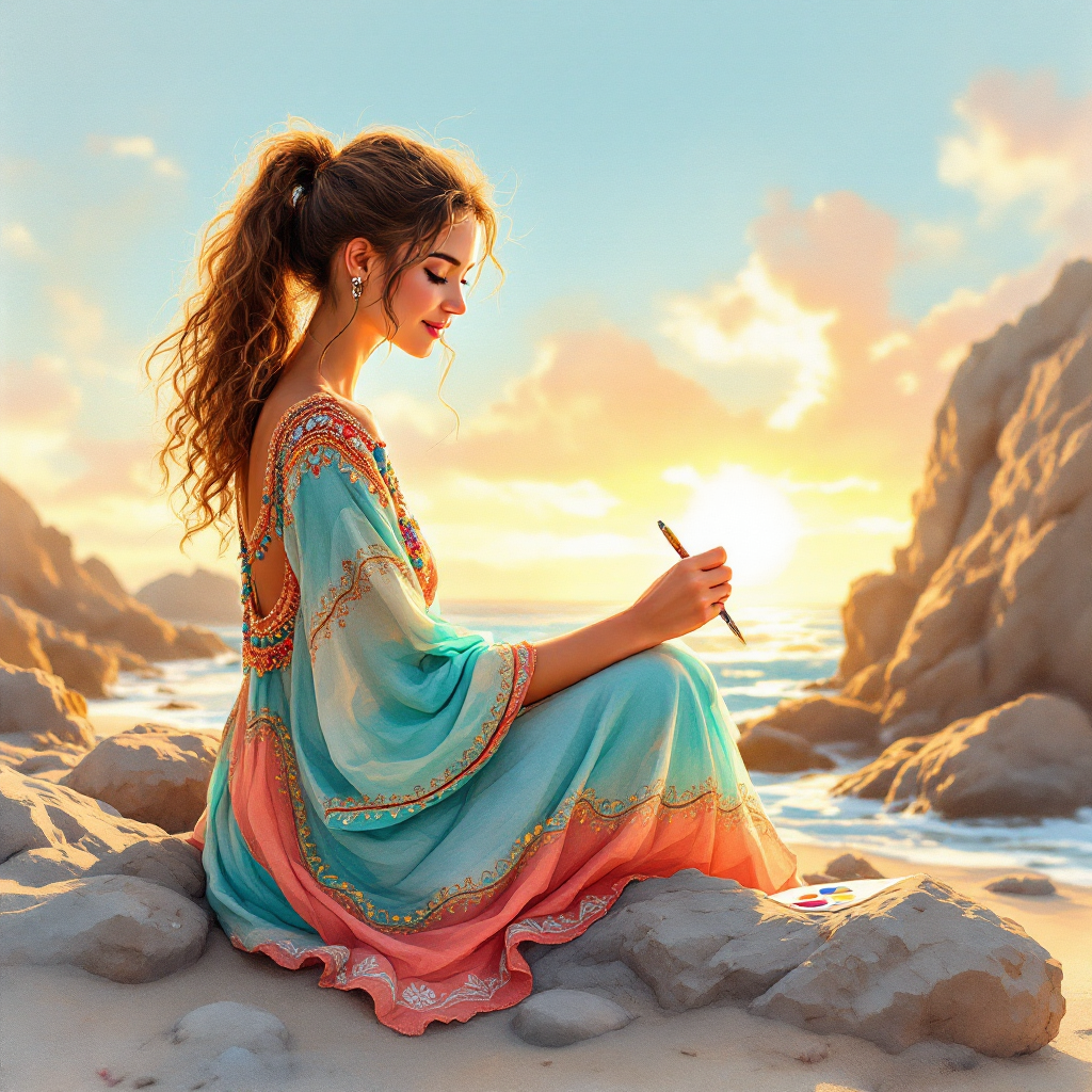 A young woman in a vibrant, flowing dress sits on a beach, painting as the sun sets over the ocean, embodying the joy of pursuing her passions.