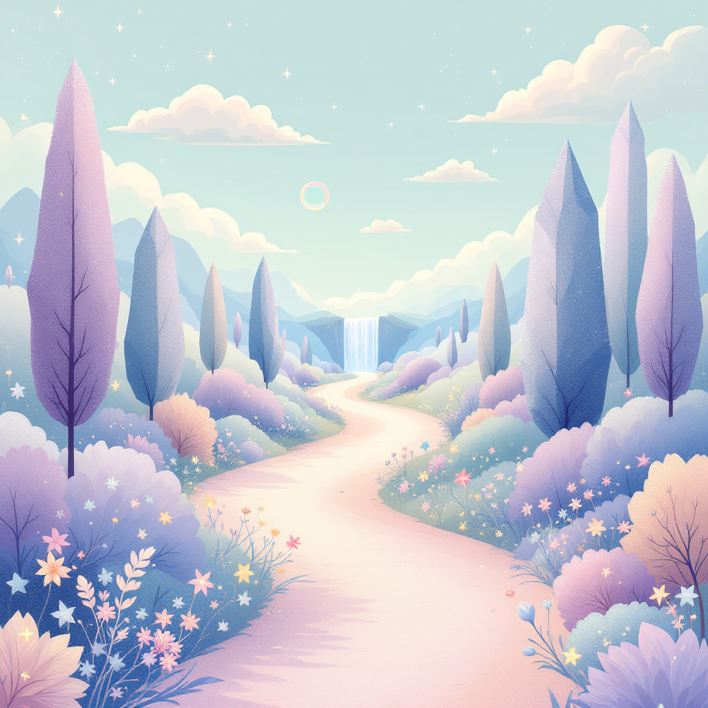 A serene landscape featuring a winding path through softly colored trees and flowers, leading to a distant waterfall beneath a gentle sky, embodying the idea of choices and diverse paths.