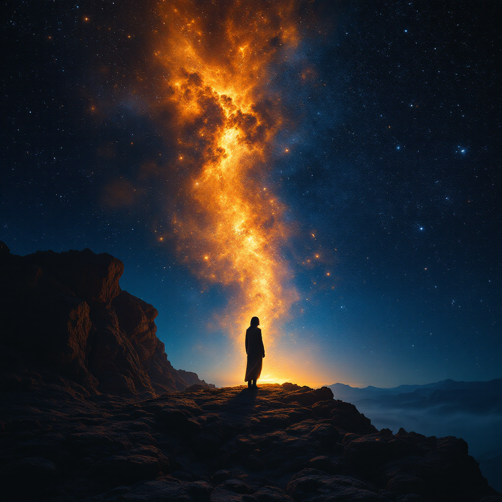 A silhouetted figure stands on a rocky cliff, gazing at a vibrant, fiery column of light stretching into a starry sky, illustrating the quote about finding light in darkness.