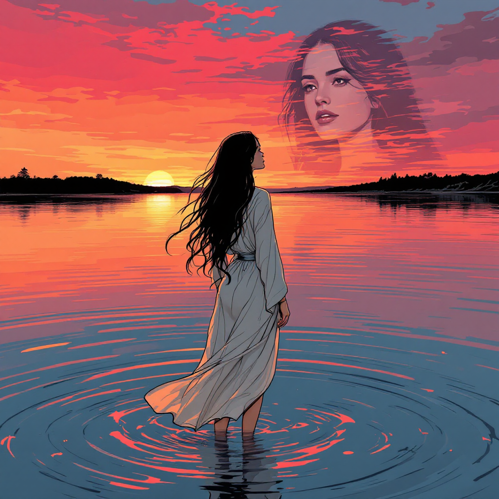 A woman in a flowing white dress stands in rippling water, gazing at a vibrant sunset. Her reflection blends with a contemplative image of herself, symbolizing transformation and self-discovery.