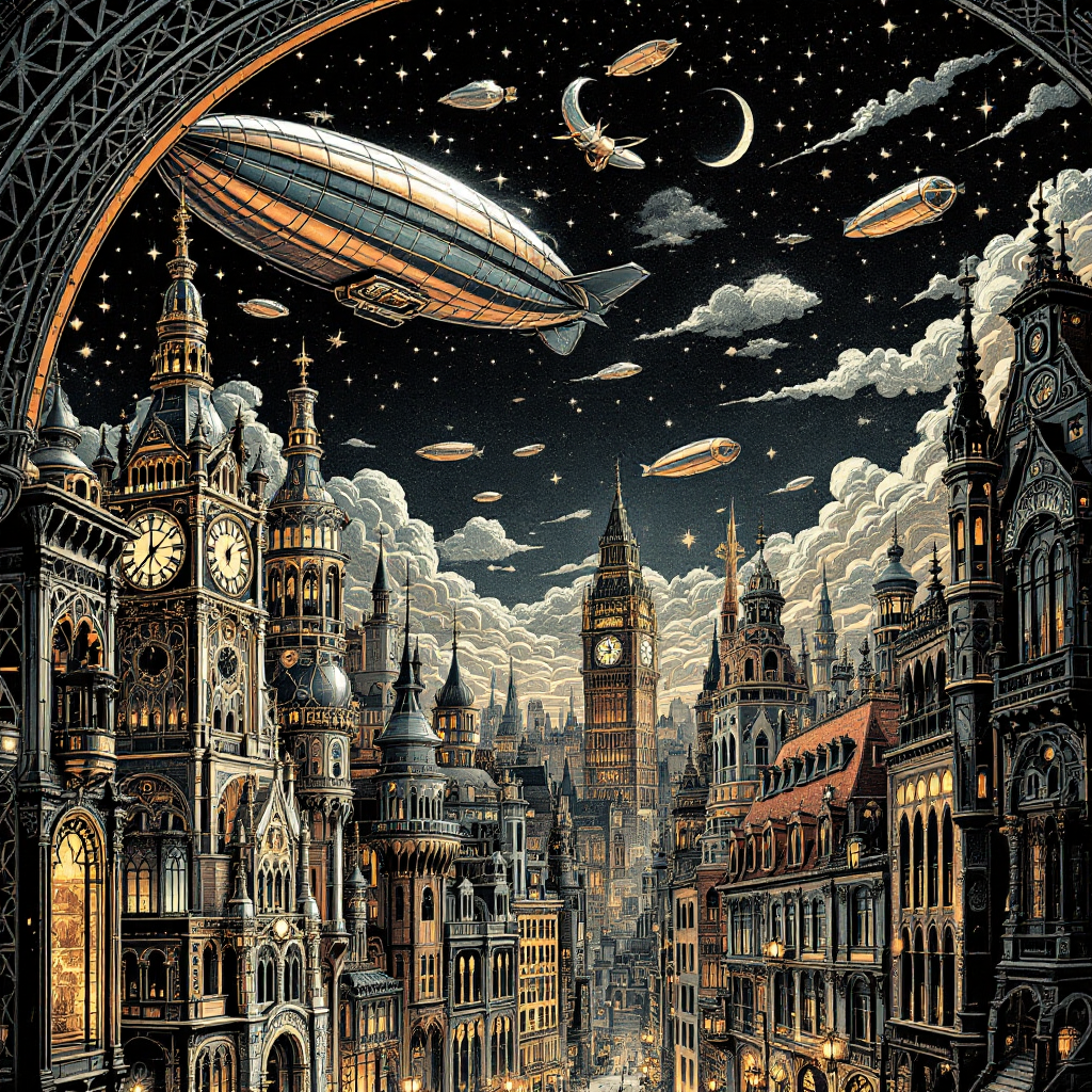 A fantastical cityscape under a starry sky, featuring ornate buildings and flying airships, embodying the wonders of an extraordinary age.