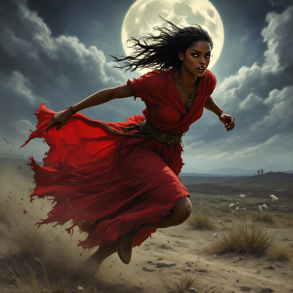 A woman in a flowing red dress runs against a moonlit sky, embodying the struggle for freedom as described in the quote about Cora, a slave seeking to escape her fate.