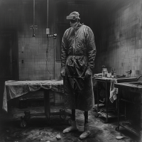 A ten-foot figure, Joseph on stilts, stands by a table in a dimly-lit room. Joseph wears a surgical cap, a mask, and a surgeon’s gown that reaches the floor.
