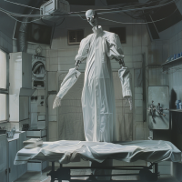 A ten-foot figure on stilts, dressed in a surgical cap, mask, and gown, looms over an operating table in a sterile room, inspired by a book quote describing J♂seph's imposing appearance.