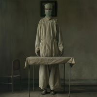 A ten-foot-tall figure stands at a table, dressed in a surgical cap, mask, and gown flowing to the floor, evoking the description of J♂seph on stilts from the book quote.
