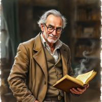 An elderly man in a warm, brown coat stands confidently with a book in hand, a hint of steam rising around him, embodying the essence of being obvious amidst an air of subtlety.