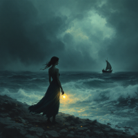 A lone woman stands on a rocky shore, holding a glowing lantern. Dark, stormy waves crash around her, while a ship sails in the distance, embodying hope amidst despair.