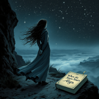 A silhouette of a woman in a flowing cloak stands on a cliff, gazing at a starry sky above clouds, with an open book titled When the Stars Align at her feet.