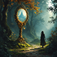 A figure stands before an ornate mirror in a mystical forest, reflecting a distant castle. The scene embodies the quote about the past as a mirror of what was and what might have been.