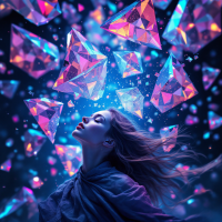 A woman with flowing hair gazes upward amidst a cascade of shimmering, multicolored diamonds, embodying a profound new experience and deep, uncharted love.