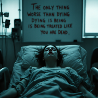 A woman lies motionless in a hospital bed, bathed in dim light. Behind her, a wall features the quote: The only thing worse than dying is being treated like you are dead.