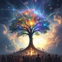 A vibrant, cosmic tree glows with colorful lights, surrounded by a diverse group of people standing in harmony, symbolizing connection through shared thoughts and beliefs.