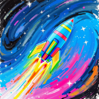 A colorful rocket launches through a vibrant galaxy, filled with swirling blues, pinks, and purples, symbolizing the infinite possibilities of traversing the stars.