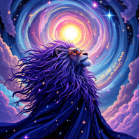 A majestic lion with flowing purple mane and sunglasses gazes thoughtfully upwards, surrounded by a vibrant cosmic swirl, reflecting the quote The law is an ass—an idiot.