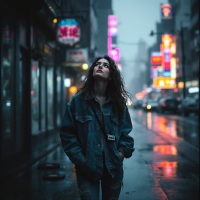 A young person stands alone on a rain-soaked city street, looking up at neon lights, embodying the sentiment of feeling out of place in a vibrant yet isolating world.