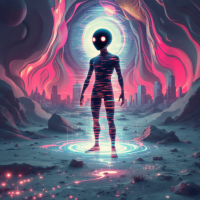 A glowing figure stands amidst a surreal landscape, illuminated by vibrant colors and cosmic elements, embodying the mystery and acceptance of the incomprehensible nature of antimemes.