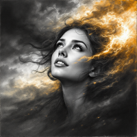 A ethereal woman gazes upward, her hair entwined with swirling clouds and flashes of golden light, capturing the rapid shifts of imagination from admiration to tragedy.