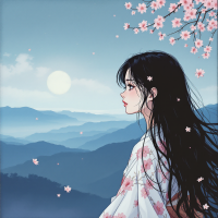 A serene scene of a young woman in a floral kimono gazing wistfully at a moonlit landscape, embodying a deep sense of longing and the bittersweet nature of missing someone.