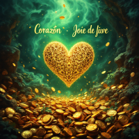 A luminous golden heart surrounded by shimmering coins and an ethereal green backdrop, embodying the quote's theme of heart's treasures in a world of gold and greed.