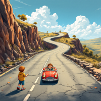 A winding road curves through a scenic landscape, where a child gestures toward a red convertible driving along, embodying the journey of life’s twists and challenges.