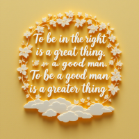 A circular design of white flowers and clouds surrounds the quote: To be in the right is a great thing. To be a good man is a greater thing. set against a yellow background.