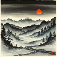 A serene landscape features towering mountains, a glowing sun, and misty valleys. Silhouetted figures walk along a winding river, embodying the essence of simplicity and quiet reflection.