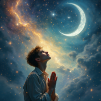 A person gazes upward in awe, hands clasped in prayer beneath a vast, star-filled sky with a glowing crescent moon, reflecting the vastness of the universe and the brevity of life.