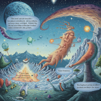 A surreal cosmic scene with primordial stone figures, arching mountains, distant planets, and bursts of light fracturing space-time, embodying a hidden prime number.