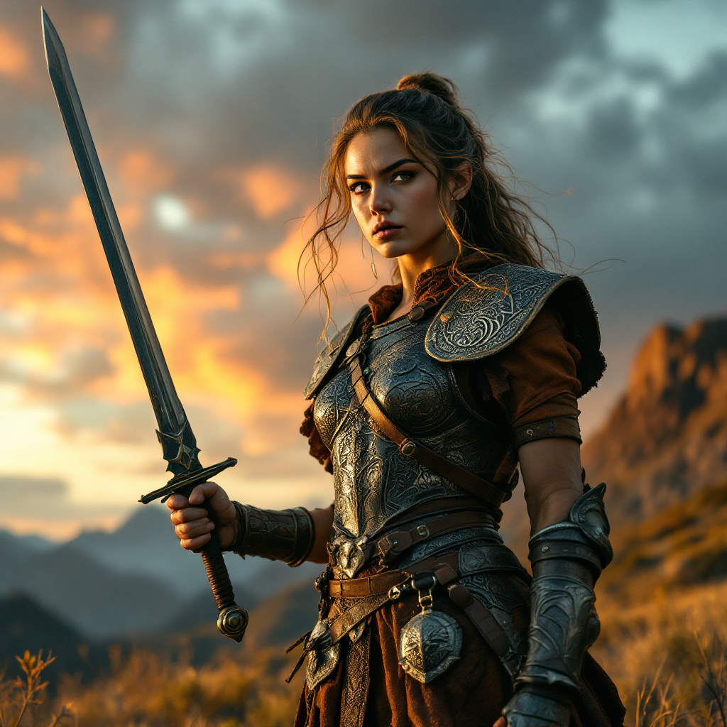 A fierce warrior stands in armor against a sunset backdrop, holding a sword confidently, embodying the quote: Win through your actions, never through argument.