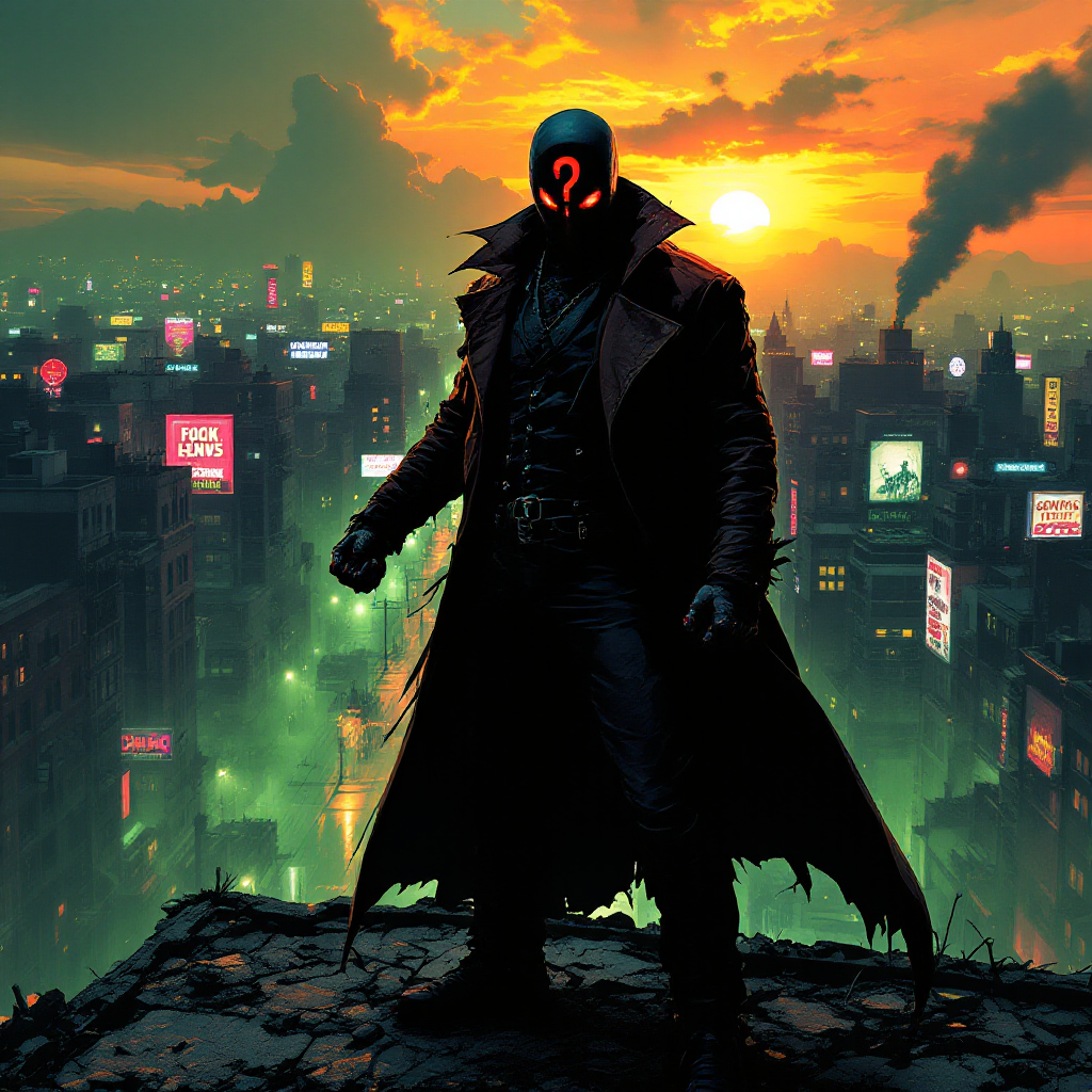 A cloaked figure with a question mark mask stands atop a rooftop, overlooking a neon-lit city at sunset, embodying the essence of the quote Who watches the Watchmen?