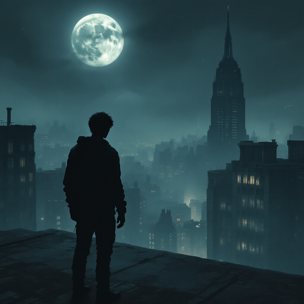 A silhouette of a person stands on a rooftop, gazing at a moonlit city skyline featuring the Empire State Building, embodying the essence of love as commitment and presence.