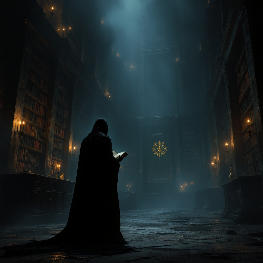 A hooded figure stands in a dimly lit library, surrounded by tall bookshelves. Soft beams of light illuminate the room, reflecting the weight of knowledge and its burdens.